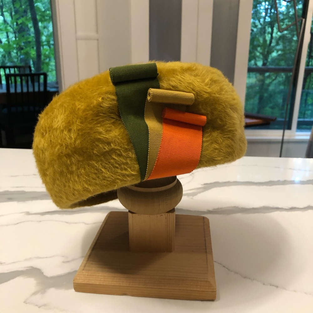 Mustard Faux Fur Beret with Olive and Orange Ribbon Accent